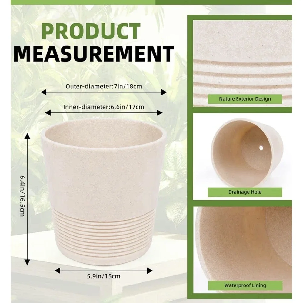 Beige Round Plastic Flower Pot 7 in x 6.4 in, Drainage Holes, Waterproof